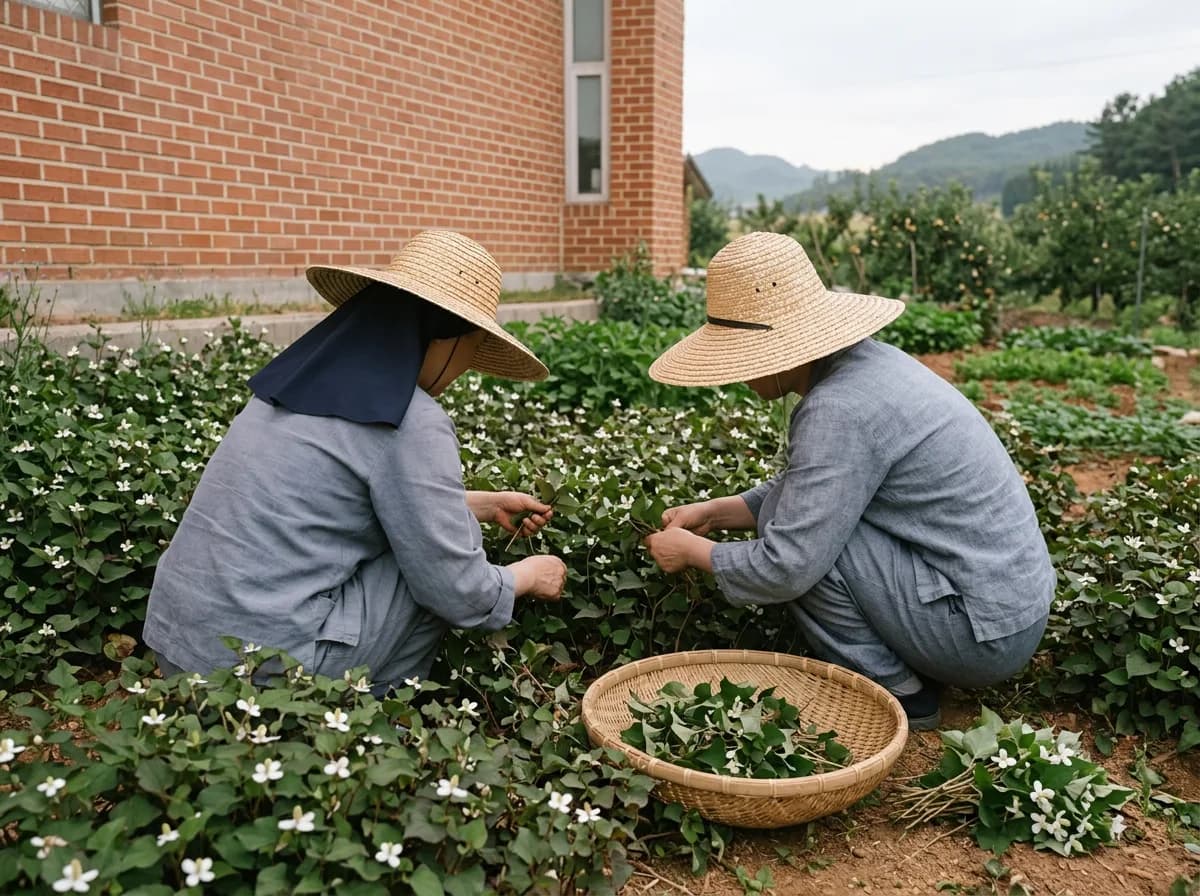 밭에 앉아 산야초를 거두는 수녀들