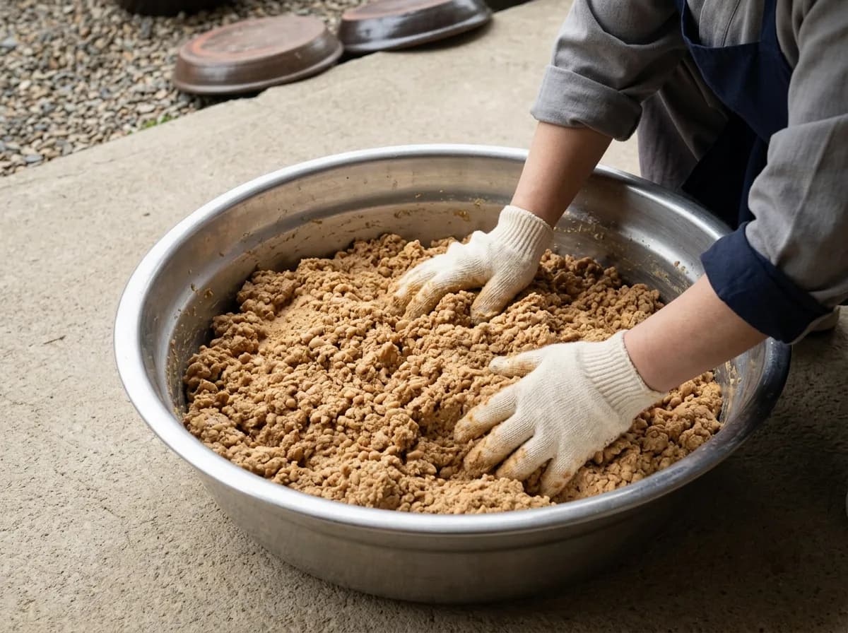 삶은 콩을 장갑 낀 손으로 치대는 모습