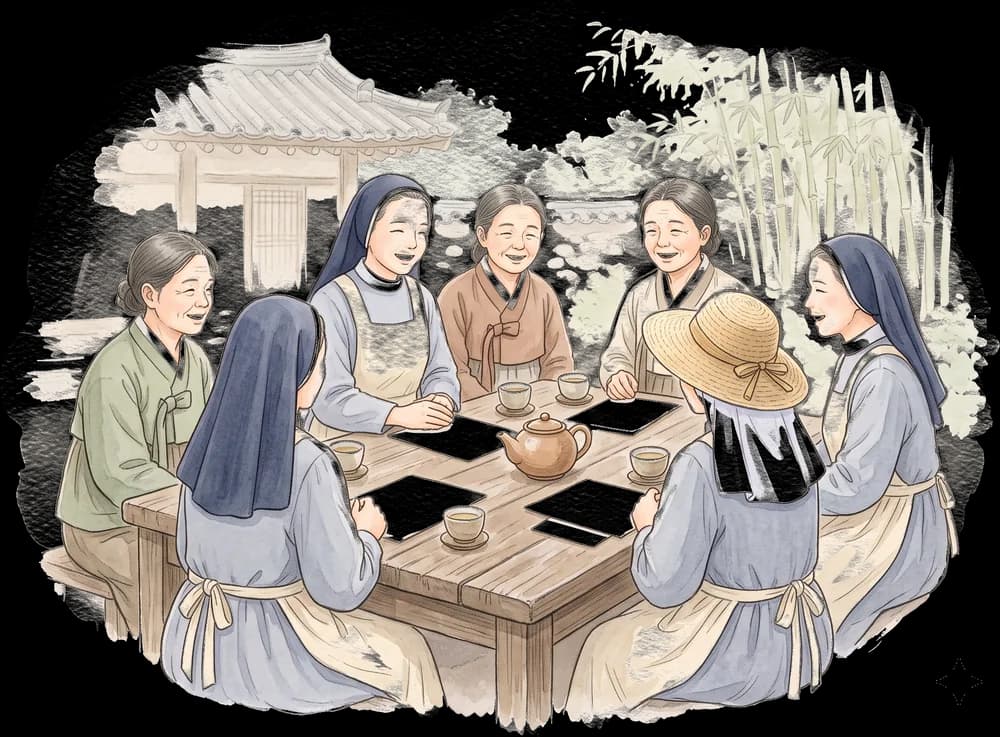 수녀들과 마을 사람들이 둘러앉은 모임 수채화